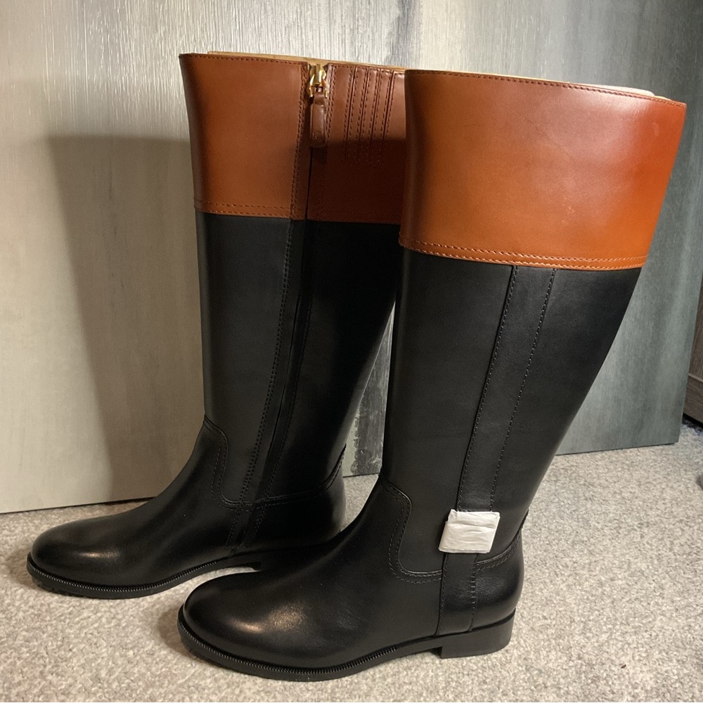 Lauren Ralph Lauren Berdie Leather Riding Boots – Black/Tan - Size 6 WIDE CALF - Picture 5 of 16